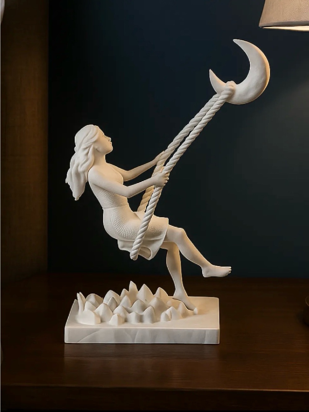 White Woman on Moon Swing Resin Sculpture - Home Art Decor